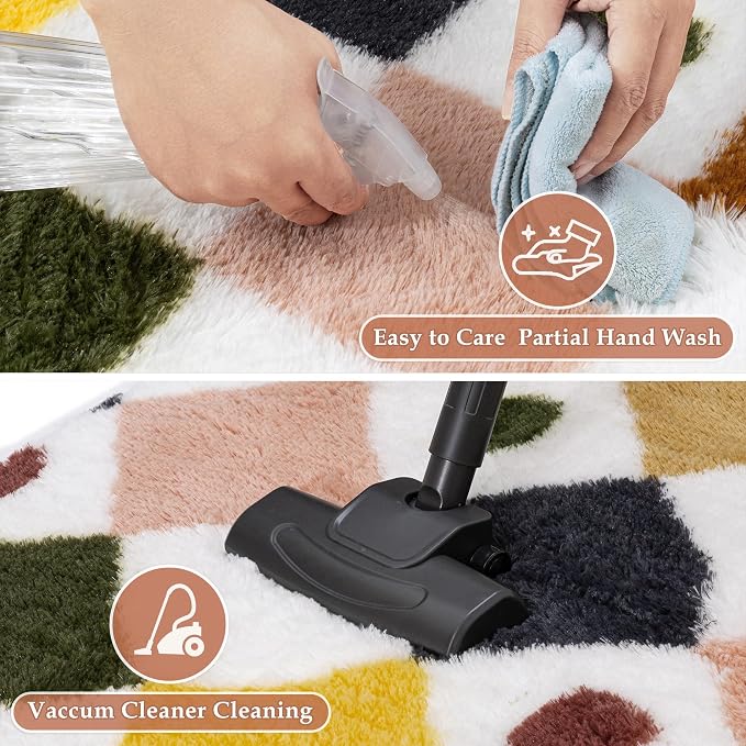 PureCozy Checkered Rug 4x6 Fluffy Shag Living Room Rainbow Area Rug Modern Washable Carpet Soft Shaggy Non Slip Indoor Plush Fuzzy Rugs for Bedroom Dorm Office Home Aesthetic Decor