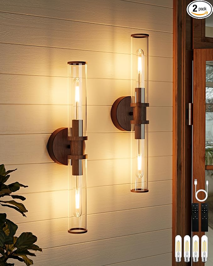 Rayogale Walnut Wireless Battery Operated Wall Sconces with Remote Control | Glass Rechargeable Wall Lights Set of 2 with Timer Function Dimmable for Living Room Bedroom Emergency 3000K, 20.5 Inch