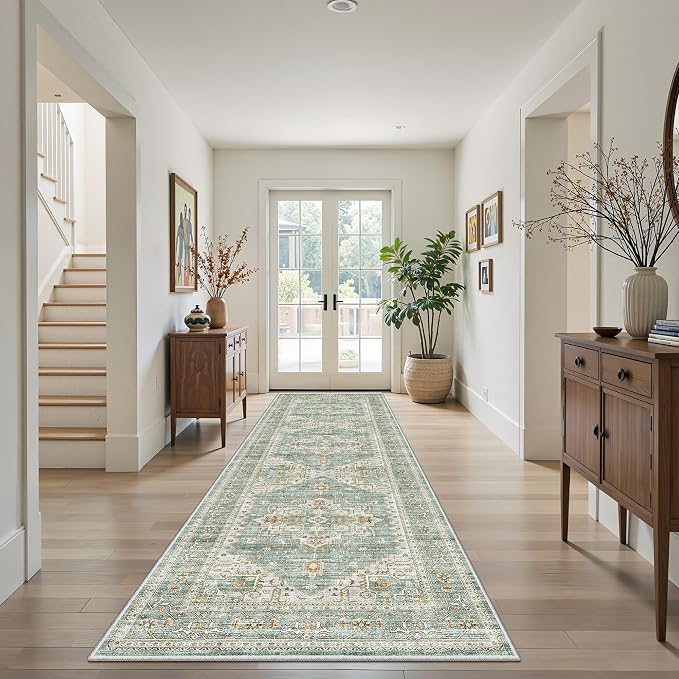 Runner Rug 2'x10' Washable Hallway Runner Rug Non Slip Floor Carpet Runners for Entryway Laundry Room Kitchen (2'x10',Green)