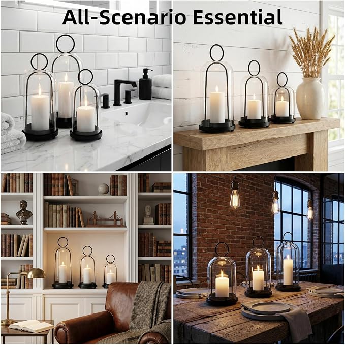 3 Pack Metal Candle Holders with Glass Dome, 5.5" & 4.7" & 3.9" Wide Black Candlestick Holders Set, Versatile Hurricane Lanterns Candleholders for Pillar Candle, Decorative Glass Display Dome Stands