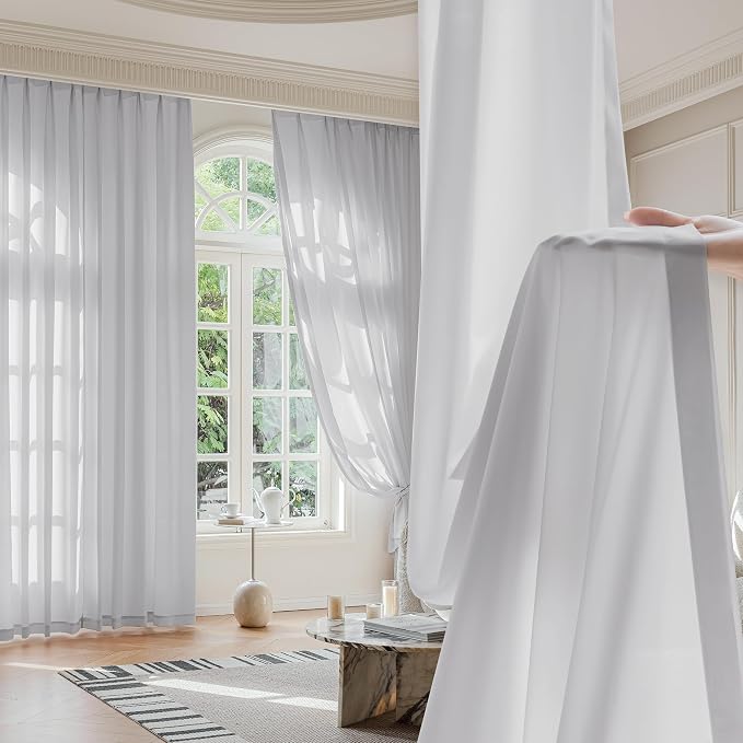 FMFUNCTEX Sheer Non-See-Through Grey Curtains for Bedroom, Faux Silk that Let Light Curtains 84 inches Long Light Filtering Privacy Sheer Window Drapes for Living Room, Rod Pocket 2 Panels Set