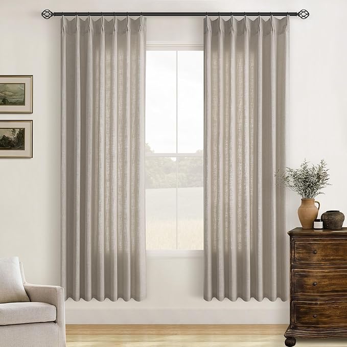 TWODRAPES Pinch Pleated Linen Curtains 78 Inches Long for Living Room 2 Panels Set Greyish Beige Flax Double Pleated Drapes Back Tab Farmhouse Cabin 78 Inch Window Curtains Bedroom Burlywood Birch