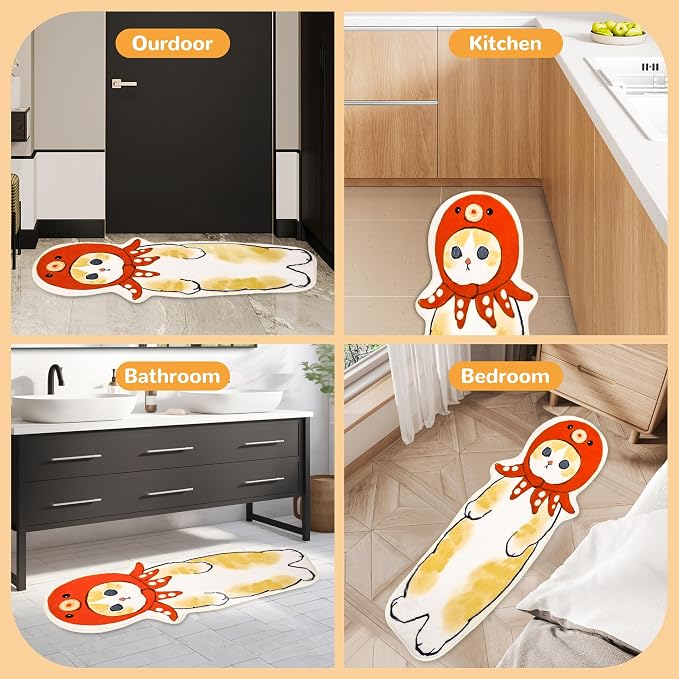 Cat Rugs, 1.3' X 3.9' Small Cute Irregular Shaped Rug for Bedroom Bathroom Room, Funny Cartoon Pet Area Carpet Kid Rugs, Cat Decor Dog Shaped Pet and Children Entryway Runner Rug (E Octopus Cat)