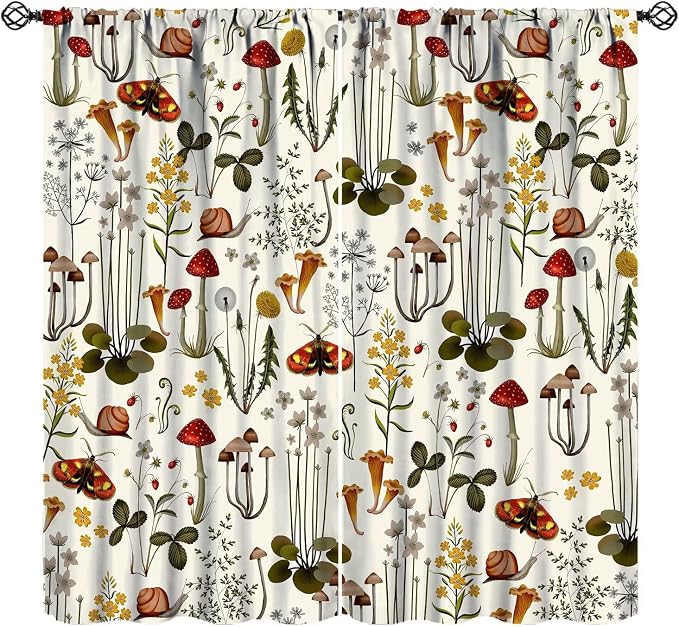 Rustic Mushroom Curtains, Farmhouse Country Fairy Tale Forest Wild Floral Botanical Nature Plants Herbs Moth Blackout Window Treatments for Kitchen Bedroom Livingroom, 84" W X 84" L