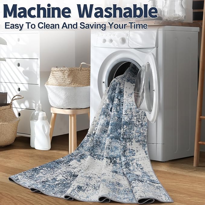 10x14 Area Rugs Living Room Rugs: Large Washable Rug with Anti-Slip Backing Non-Shedding Stain-Resistant Soft Abstract Carpet for Bedroom Dining Room Nursery Home Office- Blue