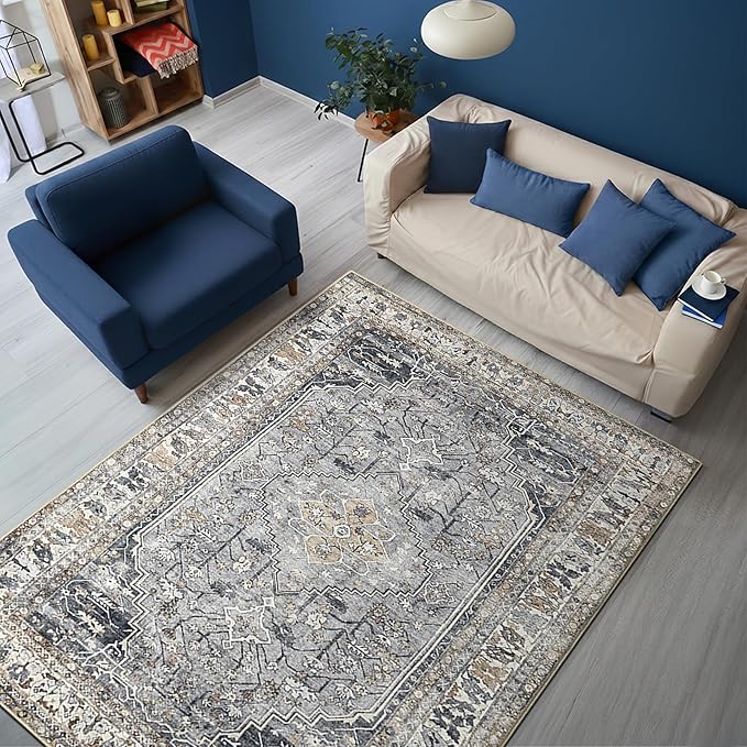 Keen Home Design 5x7 Rug - Machine Washable Area Rug with Non-Slip Backing, Ideal for Living Room, Dining Room, Bedroom - Vintage, Easy Clean, Durable, Low Pile Rug - (5' x 7')