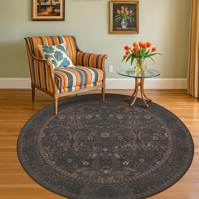 Floral 6ft Round Carpet for Dining Room Under Table, Thin Low Pile Soft Botanical Patern Area Rug for Bedroom, Living Room, Traditional Home Décor Non Skid (Black and Brown)