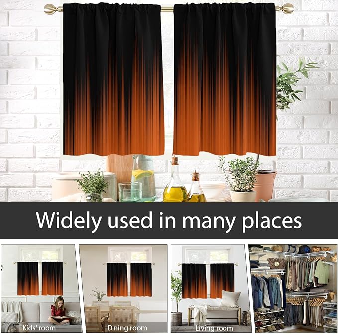 AAtter Orange and Black Kitchen Curtains, Ombre 27.5" W x 45" L, 2 Panels | Terracotta Modern Rod Pocket Drapes, Dark Abstract Striped Style, Trendy Anime Design, Small Short Bathroom Window Tiers