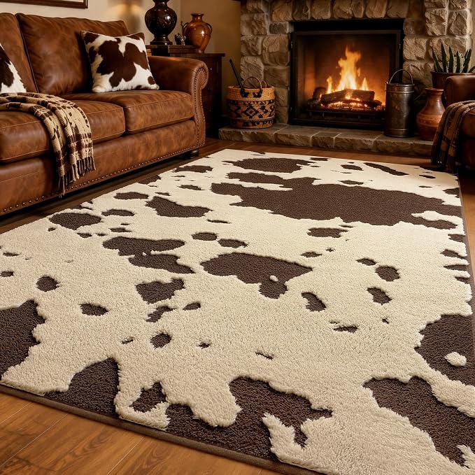 YIHOUSE Cowhide Area Rugs 5×7 Ft, Washable Plush Soft Brown and Cream Cow Rug, Non-Slip High-Low Pile Animal Carpet for Living Room, Bedroom, Dining Room, Nursery, Western Home Decor