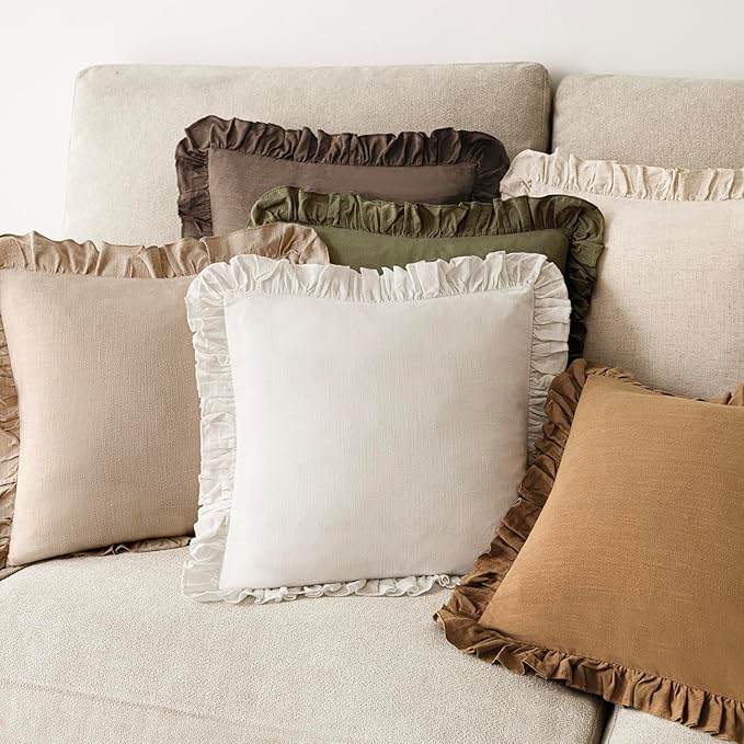 Foindtower Set of 2 Decorative Soild Fringe Ruffle Throw Pillow Covers Soft Boho Farmhouse Cushion Cover Cozy Accent Retro Pillowcase for Couch Sofa Bed Living Room Home Decor,18×18 Inch,Light Brown