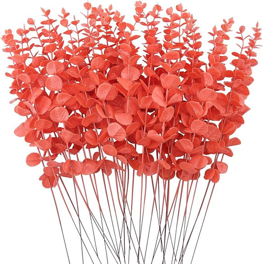 FEQO 36 Pcs Orange Eucalyptus Stems Artificial Leaves Faux Eucalyptus Stems Branches 15 inch for Wedding Bouquet Home Decor