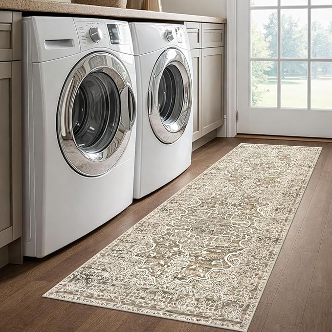 KUTA Runners for Hallways 2x6 Beige Brown, Vintage Floral Kitchen Rugs Non-Slip Washable Runner Ultra Soft Printed Retro Distressed Entryway Carpet for Bedroom Laundry Nursery