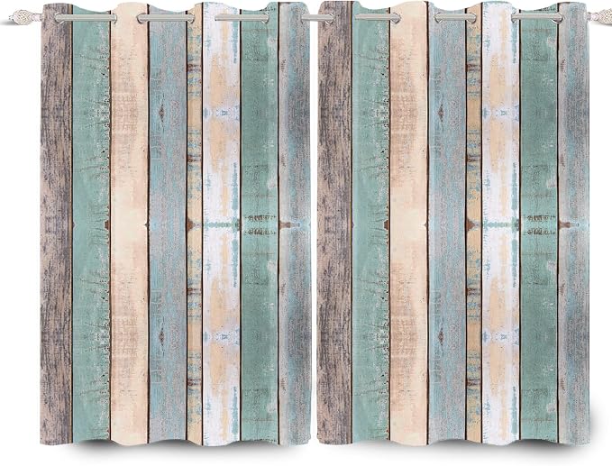 Rustic Wood Barn Door Curtains - Vintage Farm Style Colorful Wooden Planks Window Drapes for Kitchen, Living Room, Bedroom - Room Darkening, 53x45 Inch, 2 Panels
