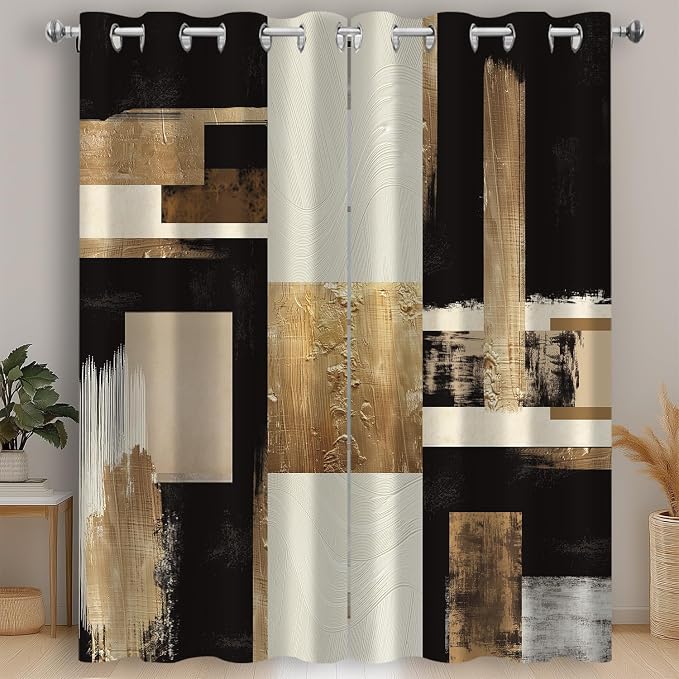 Boho Black Gold Abstract Blackout Curtains, Modern Oil Aesthetic Neutral Contemporary Beige Darkening Thermal Insulated Grommet Light Blocking Drape Decor, 52 x 84 Inch Long 2 Panels