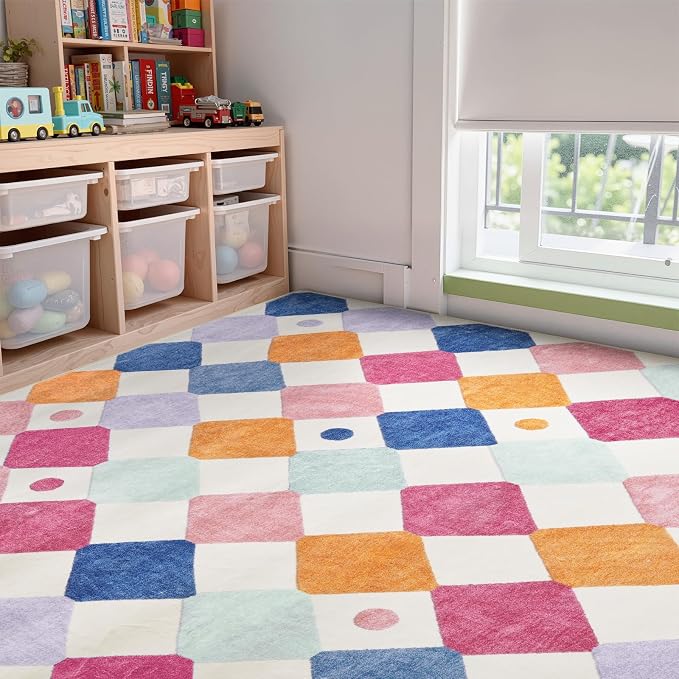 jinchan Macy 6x9 Kids Area Rug for Classroom Modern Colorful Nursery Rug Checkered Diamond Play Mat Washable Soft Non Slip Carpet for Playroom Living Room Bedroom Daycare Berries on Cream