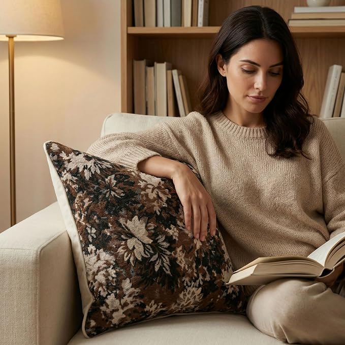 Vintage Floral Throw Pillow Covers 18x18 Inches Set of 2 Boho Farmhouse Pillow Cases Premium Chenille Textured Decorative Cushion Covers for Couch Retro Garden Farmhouse Style Brown