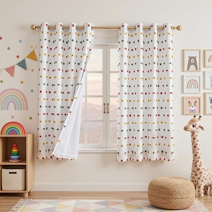 MEETSKY Kids Blackout Curtains for Girls Bedroom 63 Inches Long Rainbow Yellow Red Green Pom Pom Curtains for Nursery 2 Panels Small Window Curtains with 2 Layered Room Darkening Grommet,52 x 63 Inch
