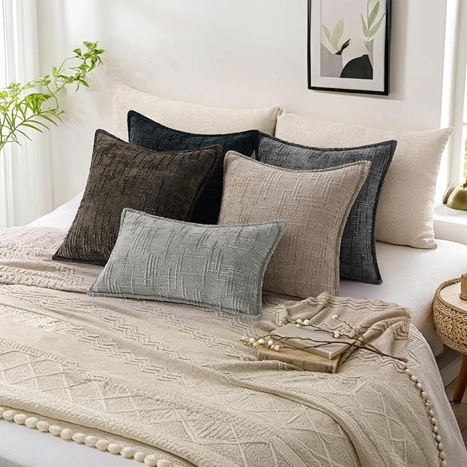 decorUhome Chenille Throw Pillow Covers 26x26 Set of 2, Thick Textured Slubby Neutral Decorative Pillow Covers with Elegant Design for Couch, Sofa, Living Room, Dark Grey