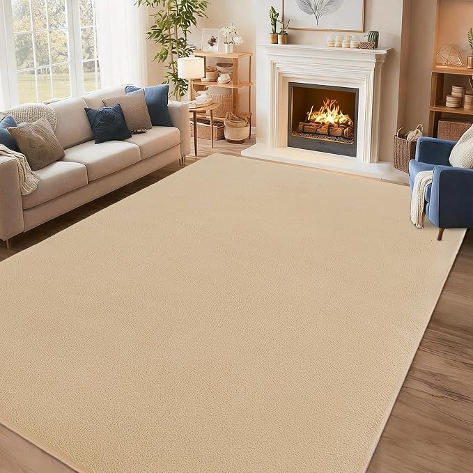 qulint 5x8 Washable Area Rug for Bedroom, Farmhouse Tan Nursery Rug with Thickened Memory-Foam Soft Washable Living Room Carpet, Minimalist Solid Non Slip Carpet for Kid Room Dorm Home Decor