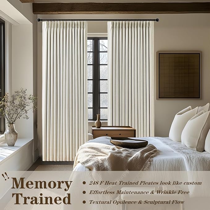Natural Linen Blend Pinch Pleated 100% Blackout Curtains for Bedroom - 2 Pages Black Out Curtains 120 Inch Long 2 Panel for Living Room Darkening Thermal Window Curtain Drapes with 16pc Hooks, Thick