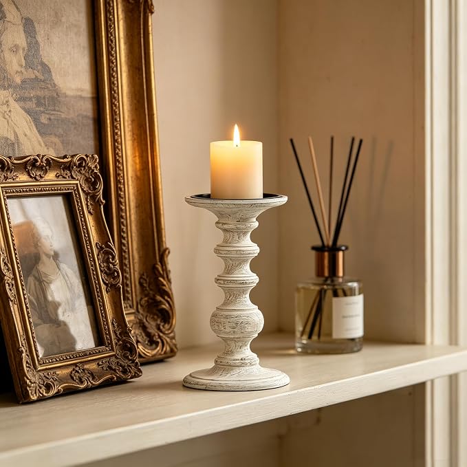 Hosley White Wood Pillar Candle Holder 9 Inch High Ideal Gift for Farmhouse Weddings Special Occasion Spa Aromatherapy Settings Candle Gardens. W1