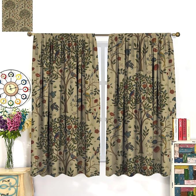 Vintage William Morris Forest Blackout Window Curtains, Rustic Boho Bird Plant Window Drapes, for Living Room Bedroom 21(W)*54(L) 2 Panels