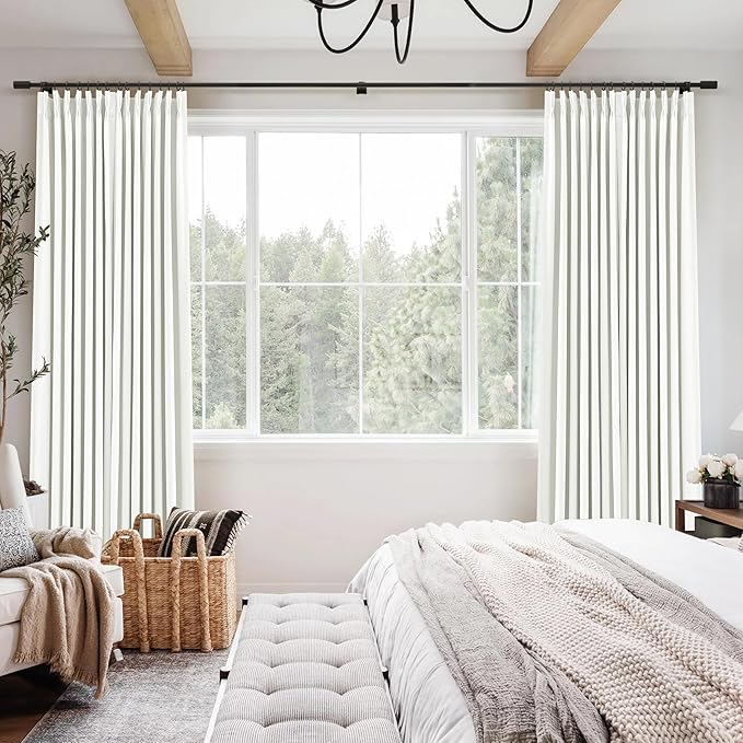 Off White Pinch Pleated Linen Blackout Curtains 90 Inches Long for Bedroom Living Room 2 Panels Set, Darkening Thermal Insulated Dual Layer Boho Neutral Pinch Pleat Hooks Rings Track System Curtain