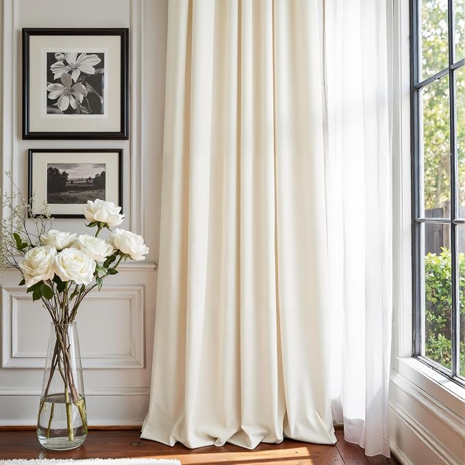 Cream Velvet Curtains 96 Inch Long for Living Room Darkening Christmas Decorative Light Dimming Drape Elegant Crushed Luxury Decor Thick Smooth Thermal Beige Curtain for Bedroom 52x96 Back Tab 2 Panel