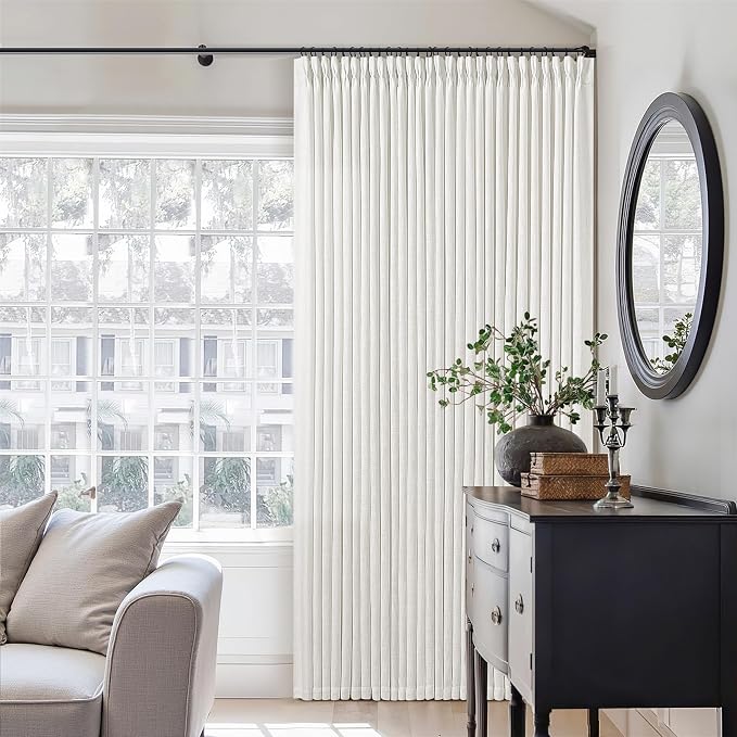 TWODRAPES Beige White Pinch Pleated Linen Curtains 2 Panels 105 Inches Long for Living Room Bedroom Memory Shaped Semi Sheer Pleat Drapes with Hooks Rings Light Filtering Window Curtain 40x105