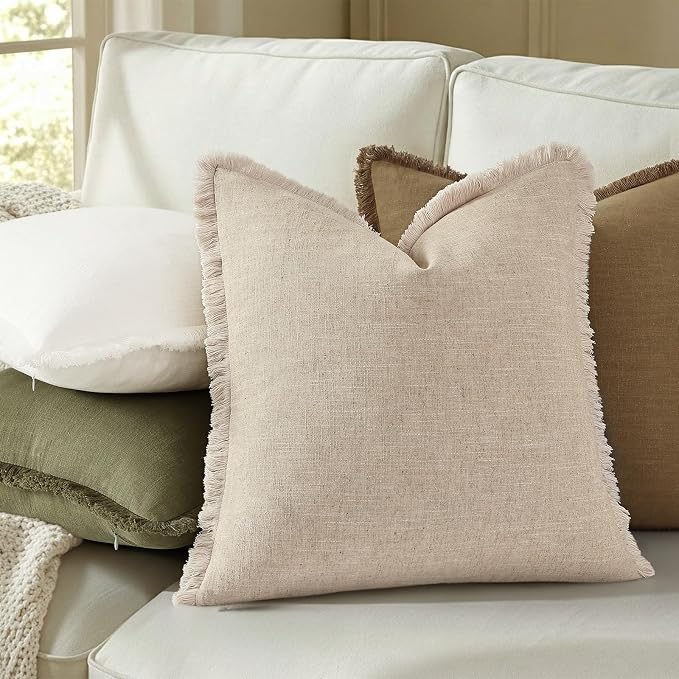 decorUhome Linen Fringe Throw Pillow Covers Set of 2 Decorative Cream White Pillow Covers with Tassels Soft Accent Boho Farmhouse Pillow Cases for Couch Bed Sofa 16x16 Inch