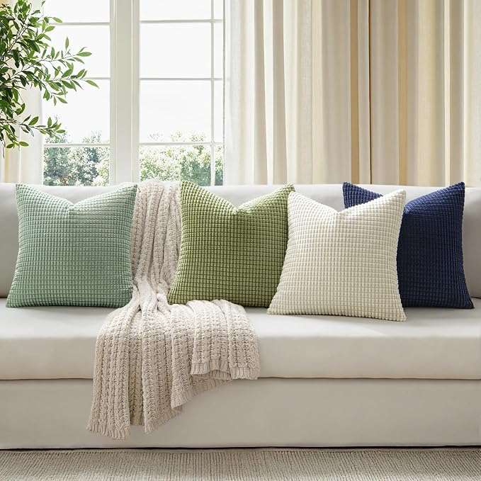 MIULEE Farmhouse Decorative Pillow Covers 18x18 Inch Set of 4 Muted Teal | Modern Natural Rustic Throw Pillows Neutral Warm Soft Corduroy Couch Pillowcases Home Decor for Sofa Living Room Bed