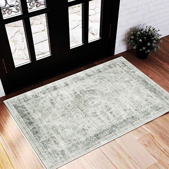 CHAMPLANT Washable Area Rug 2'x3' Floral Green Door Mat Vintage Distressed Doormat Indoor Entrance Traditional Thin Rug Floral Print Non Slip Carpet for Kitchen Bathroom Bedroom Living Room