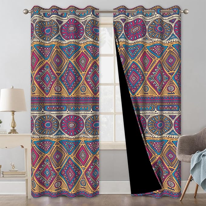 Boho Geometric Patterned Blackout Curtains for Bedroom, Bohemian Living Room Darkening Curtains 84 Inch Length 2 Panels Set, Thermal Insulated Soundproof Bedroom Window Drapes with Curtain Tiebacks