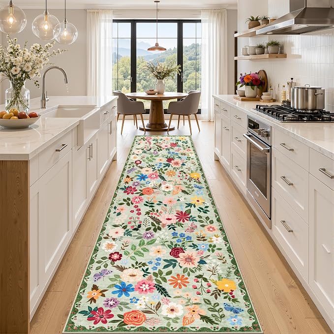 Runner Rug for Entryway: 2.6x14 Kitchen Rugs Non Slip Washable Ultra-Thin Soft Floral Carpet Indoor Floor Stain Resistant Carpets for Hallway Bedroom Kitchen Laundry Bathroom Dorm Green