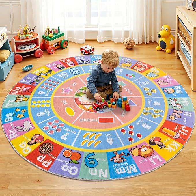 Kids Rugs for Playroom - Soft & Non-Slip 6x6 Feet Round Educational Rug for Learning ABC Alphabet, Numbers, Shapes & Season, Washable Classroom Rug for Bedroom Nursery & Kids Room Decor