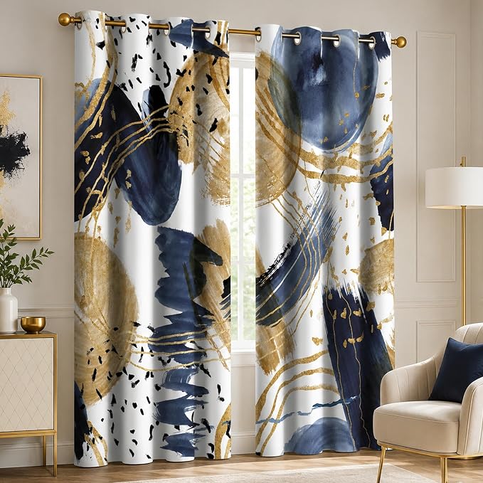 Abstract Blue Gold Blackout Curtain, Boho Aesthetic Modern Window Curtains Living Room Bedroom Decor Thermal Curtain Darkening Grommet Window Drapes Treatments, 2 Panels 52x63 Inch