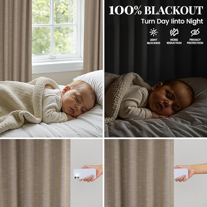 Topfinel 84 Inch Length 100% Blackout Viral Curtains with Back Tab Rod Pocket, Linen Textured Thermal Insulated Blackout Curtains Aesthetic Door & Window, Light Burlywood 52" W*84" L