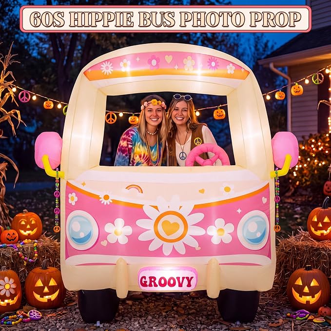 Soulchen 6ft Inflatable Hippie Bus with LED Lights and Powerful Blower Retro 60s 70s Boho Groovy Party Decoration Photo Booth Selfie Frame for Birthday Baby Shower Carnival
