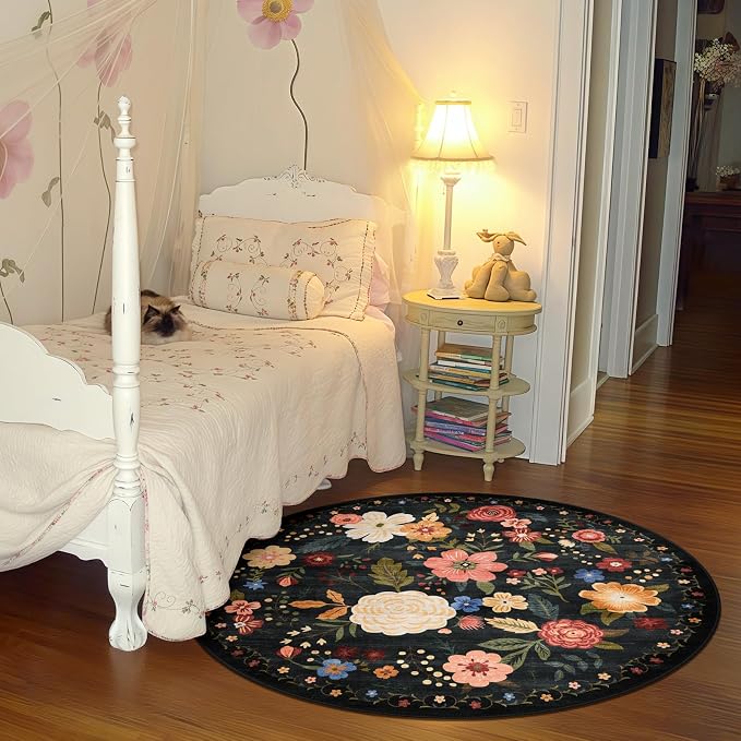 4ft Round Machine Washable Area Rug for Living Room, Black Green Vintage Boho Floral Rug Non-Slip Low Pile Soft Faux Wool Carpet Kids and Pets Friendly for Bedroom Nursery Farmhouse Home Decor Rug