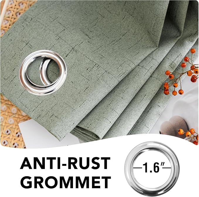H.VERSAILTEX Linen Curtains 100% Blackout Curtains for Bedroom 90 inch Long Full Light Blocking Nature Linen Blended Window Curtains for Living Room Nickel Grommet (2 Panels, Green Bay)