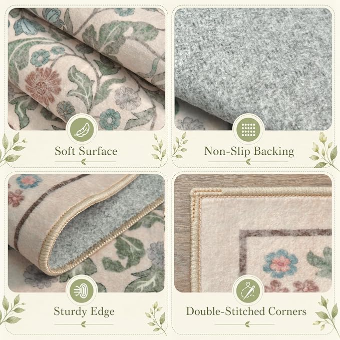 Floral Indoor Entrance 3x5 Area Rug, Washable Vintage Boho Entryway Rugs, Low Pile Non Slip Soft Carpet for Kitchen, Bedroom Beside, Laundry Room, Office Rug, Kids Room, Nursery Room， Beige Green
