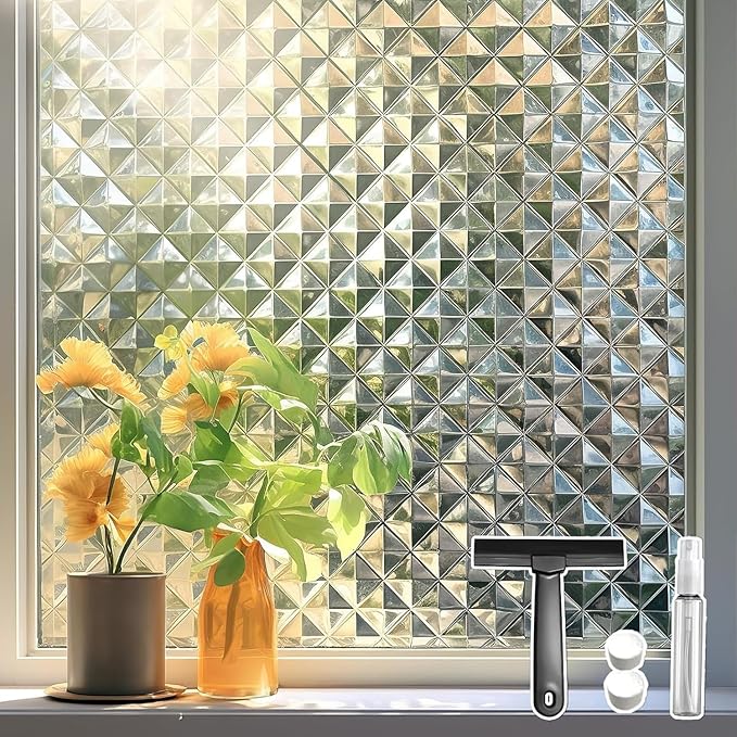 Qualsen Window Privacy Film, Stained Glass Decorative Window Film, Static Cling Frosted Bathroom Privacy Film 3D, Removable Anti-UV for Home Door Coverings, 11.8x78.7inch