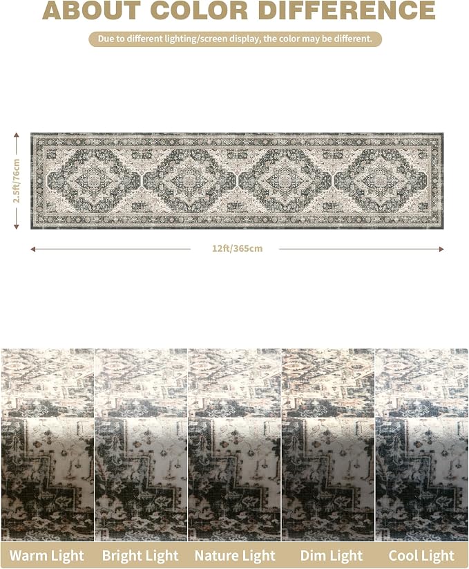 Roxstand Washable 2.6x12 Hallway Runner Rug, Black/Beige | low-pile carpet, non-slip backing,12ft long runner, stain resistant, for kitchen, laundry room, entryway, pet friendly