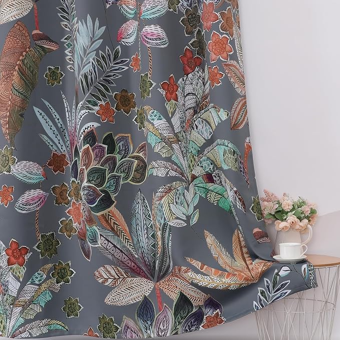 Estelar Textiler Grey Leaves and Petals Pattern Thermal Insulated Blackout Curtains 84 Inches Length for Bedroom/Living Room, Room Darkening Window Drapes with Silver Grommets, 52x84Inch (2 Panels)