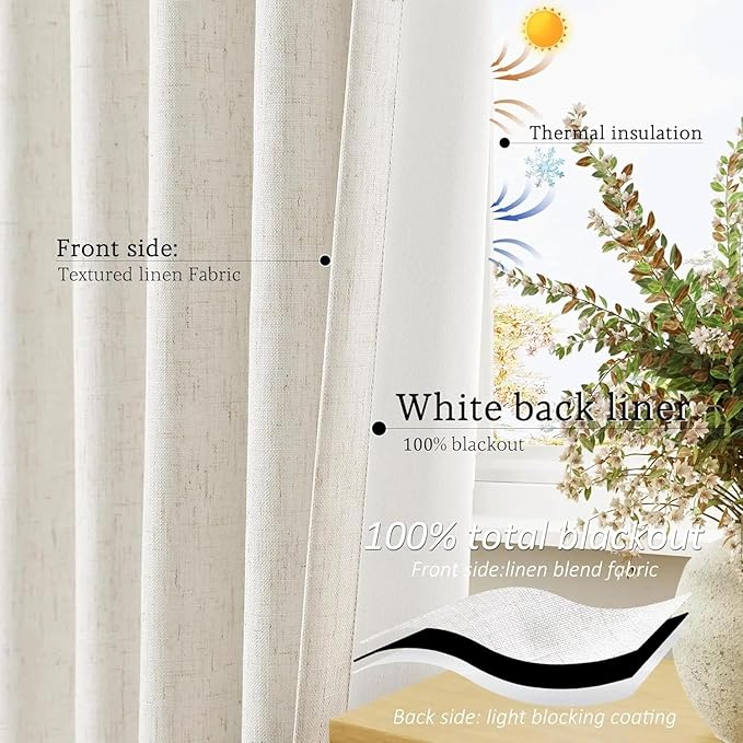 Jowels Cream Linen Blackout Curtains 108 Length 2 Panels Set for Living Room Bedroom, 100% Black Out Thermal Insulated Linen Drapes, Room Darkening Grommet Curtains 108 Inches Long Natural Beige