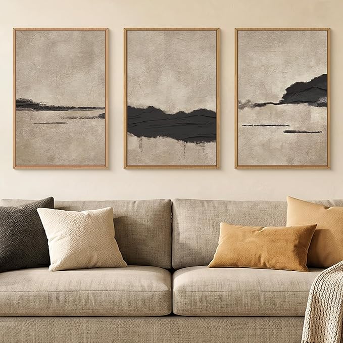 Aryroi Large Abstract Black and Tan Framed Canvas Wall Art,Vintage Minimalist Wall Decor,Neutral Brush Stroke Artwork,Modern Textured Art Print for Living Room,Bedroom,Office- 24"x36"x3
