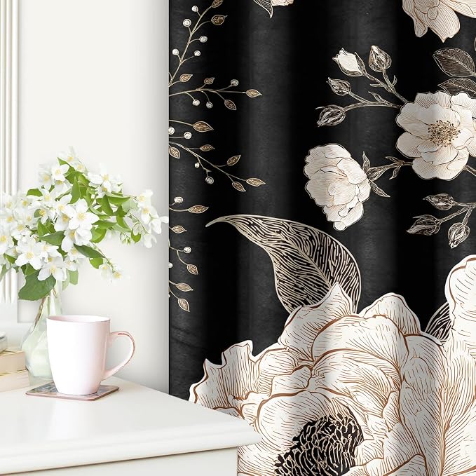 Black and Gold Blackout Curtain, Boho Floral Aesthetic Art Curtains, Dark Vintage Flowers Grommet Drapes 2 Panels, Farmhouse Bedroom Living Room Decor 52X84 Inch