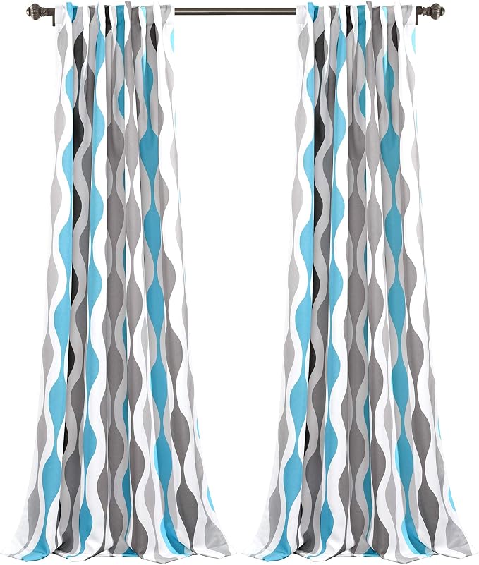 Lush Decor Mid Century Geo Light Filtering Window Curtain Panel Pair, 52" W x 84" L, Blue & Gray