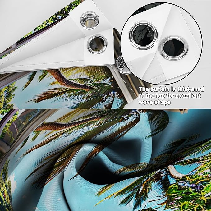 Ocean Beach Seaside Blackout Curtains Coast Palm Tree Sunshine Mountain Curtain Blue Sky White Clouds Summer Decor Women Men Girls Boys Bedroom Room Darkening Grommet Window Drapes 2 Panels, 52"x84"