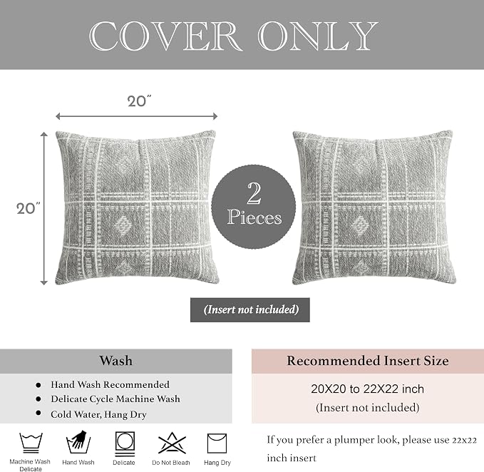 BlissBlush Decorative Throw Pillow Covers 20x20 Set of 2, Boho Light Gray Chenille Accent Throw Pillow Covers for Couch Sofa Bed Living Room Home Décor (Cover Only)